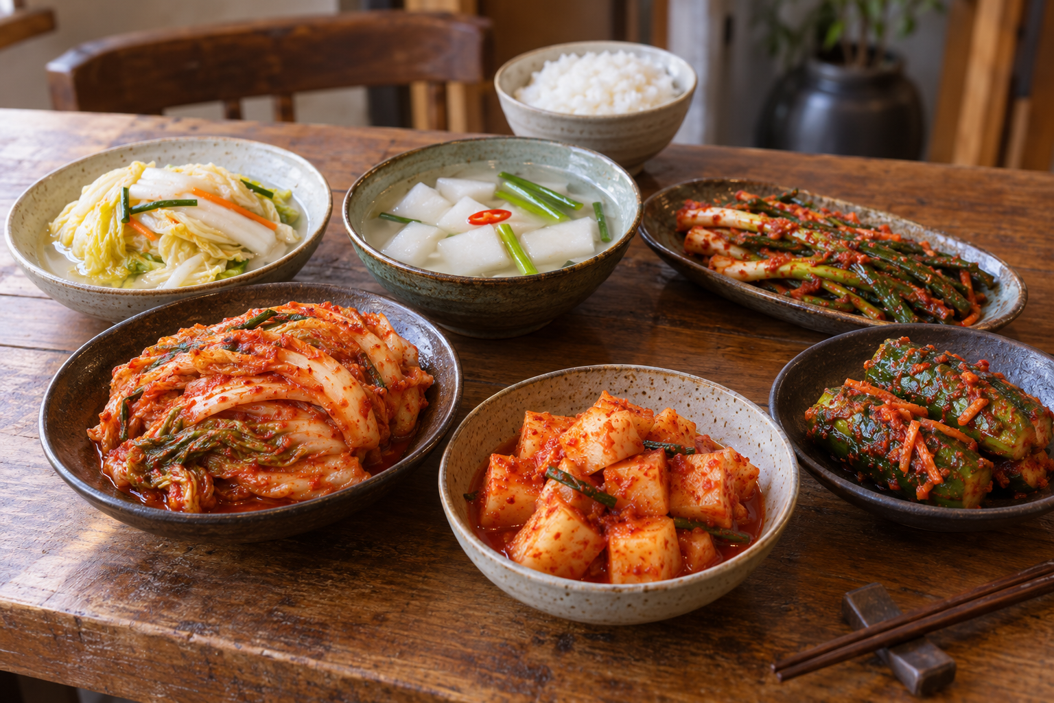 Different types of Korean kimchi served together on a table