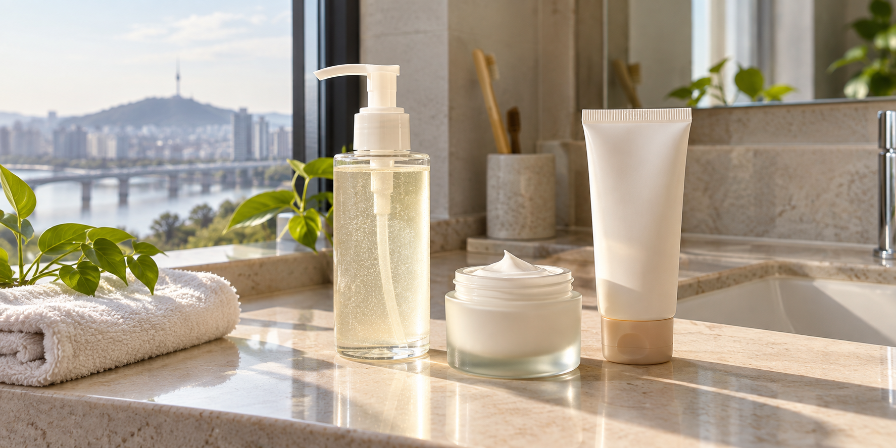 Gentle cleanser, moisturizer, and sunscreen on a bathroom counter in morning light
