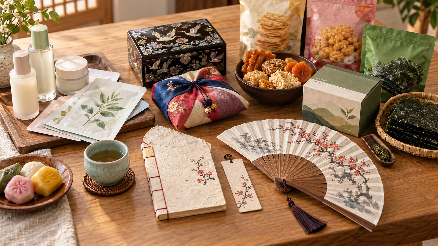 Popular Korean souvenirs including beauty products, snacks, traditional crafts, tea, and stationery