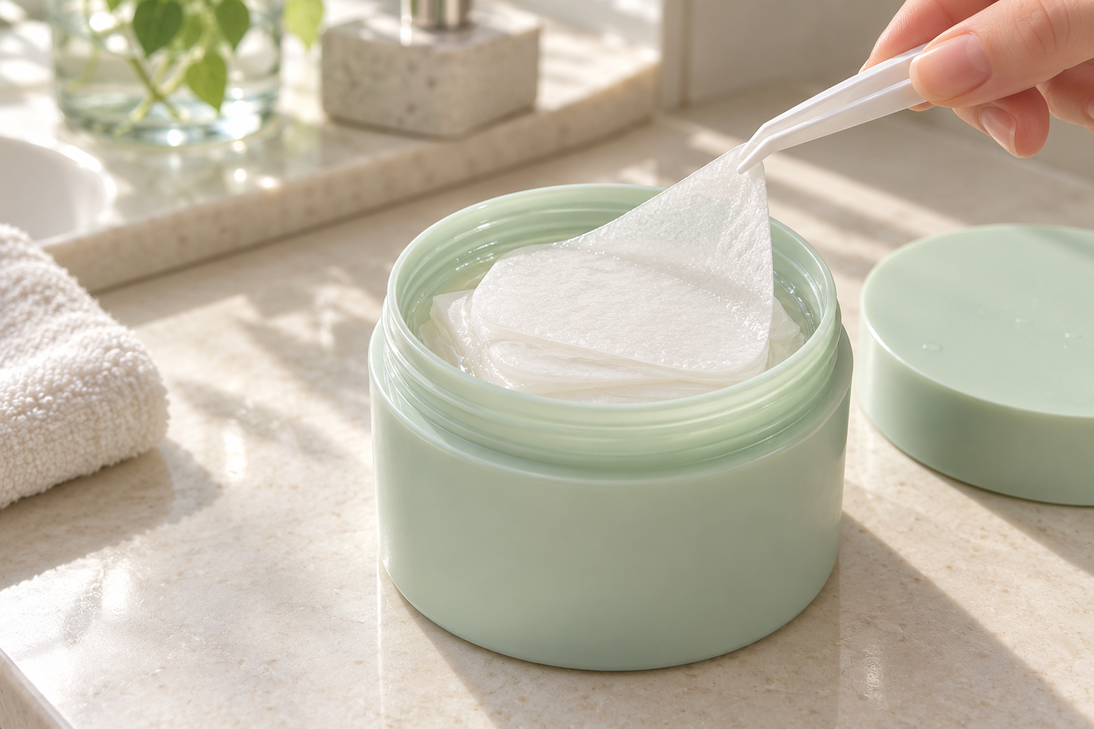 White tweezers lifting a toner pad from an open mint-green jar.