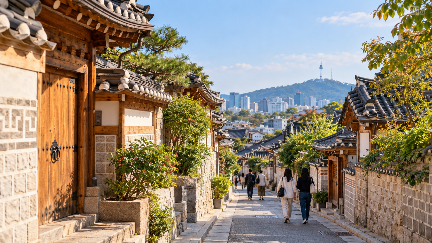 People walking through a traditional Korean hanok neighborhood in Seoul.