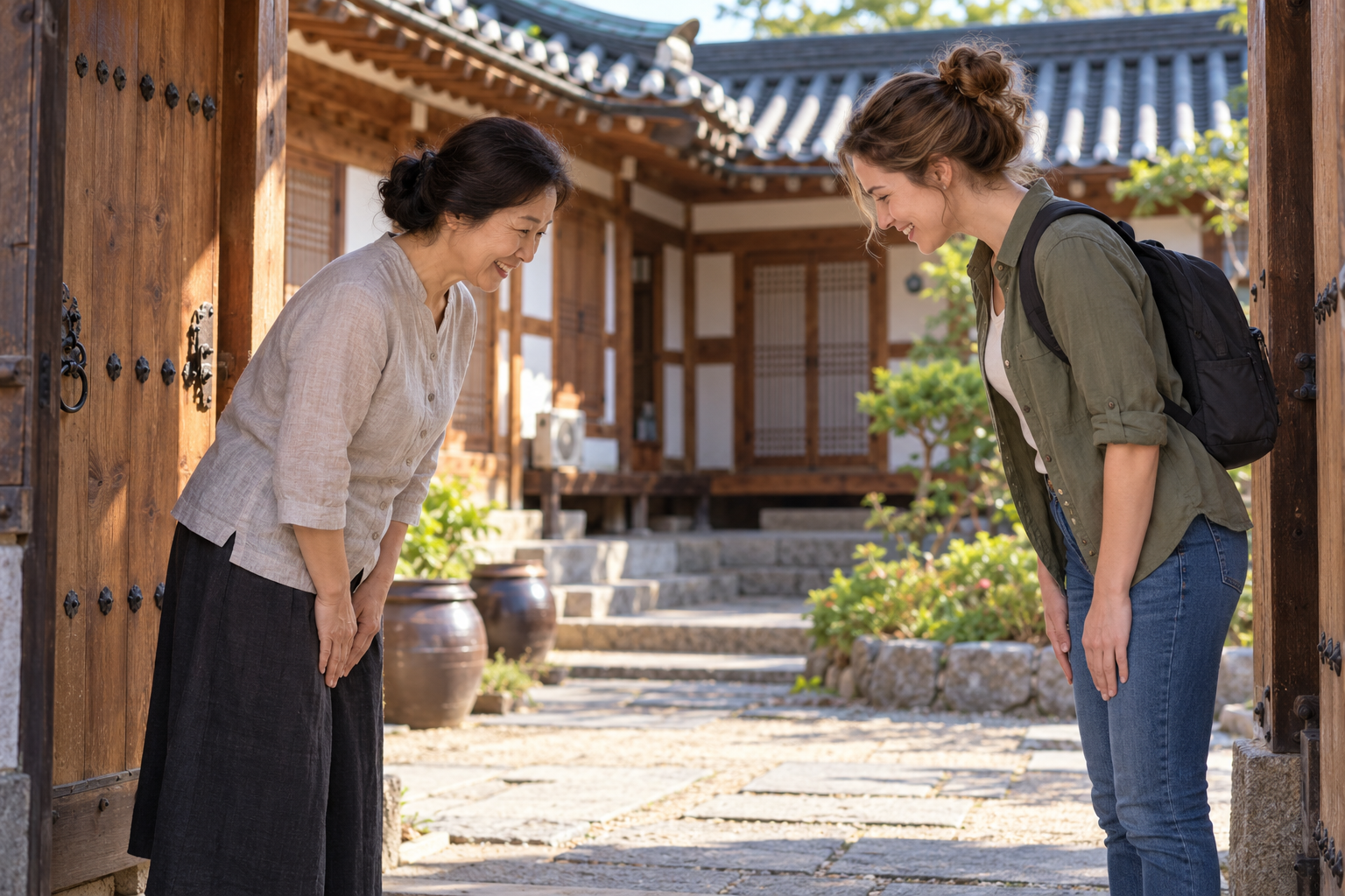 A Korean host and a visitor greeting each other with a bow at a hanok entrance.