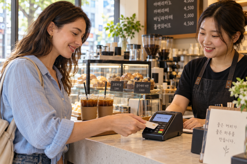 Traveler paying by card at a Korean cafe