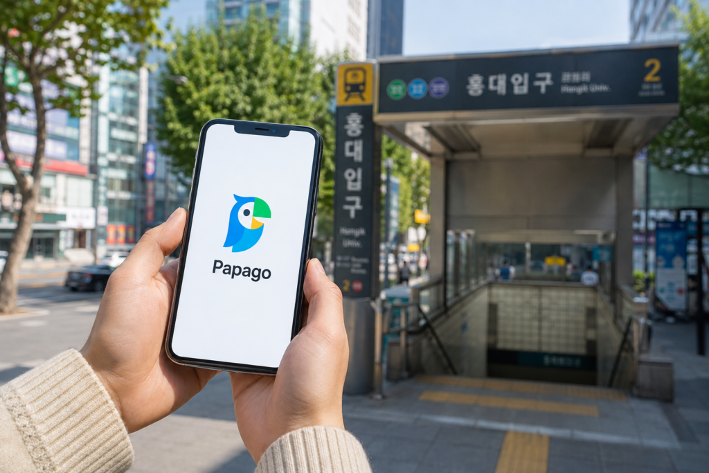 Papago translation app on a smartphone in Seoul