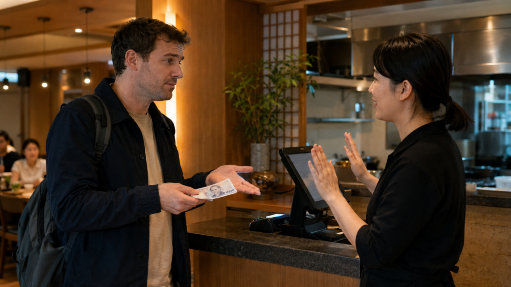 American traveler paying at a restaurant in South Korea