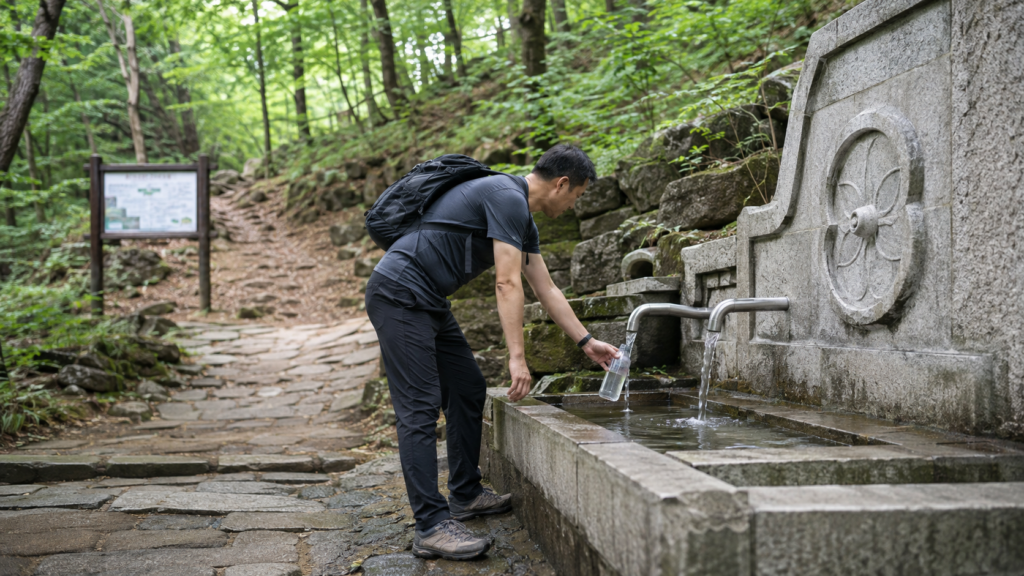 Traditional yaksuteo spring-water site on a mountain trail in Korea