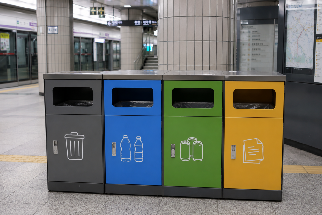 Public recycling bins for general waste, plastic bottles, cans, and paper in a Korean subway station