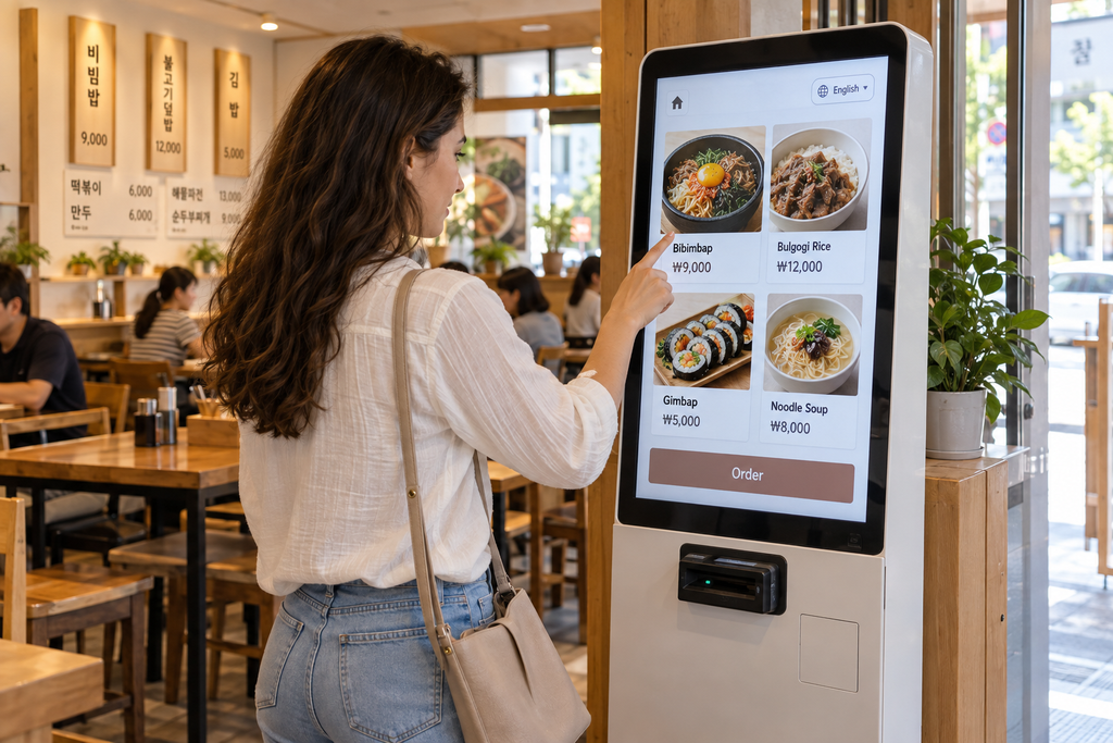 ordering food using an English-language kiosk at a Korean restaurant