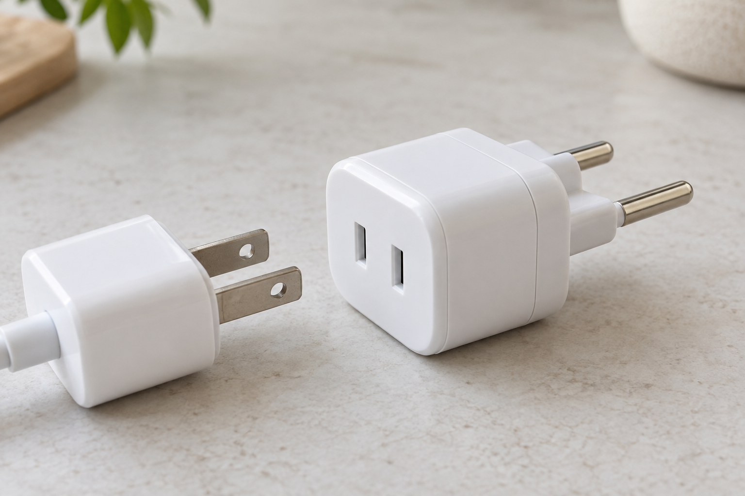 A U.S.-to-Korea plug adapter connects American plugs to Korean outlets.