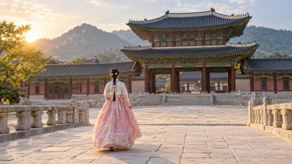 Traveler wearing a traditional Korean hanbok at Gyeongbokgung Palace in Seoul