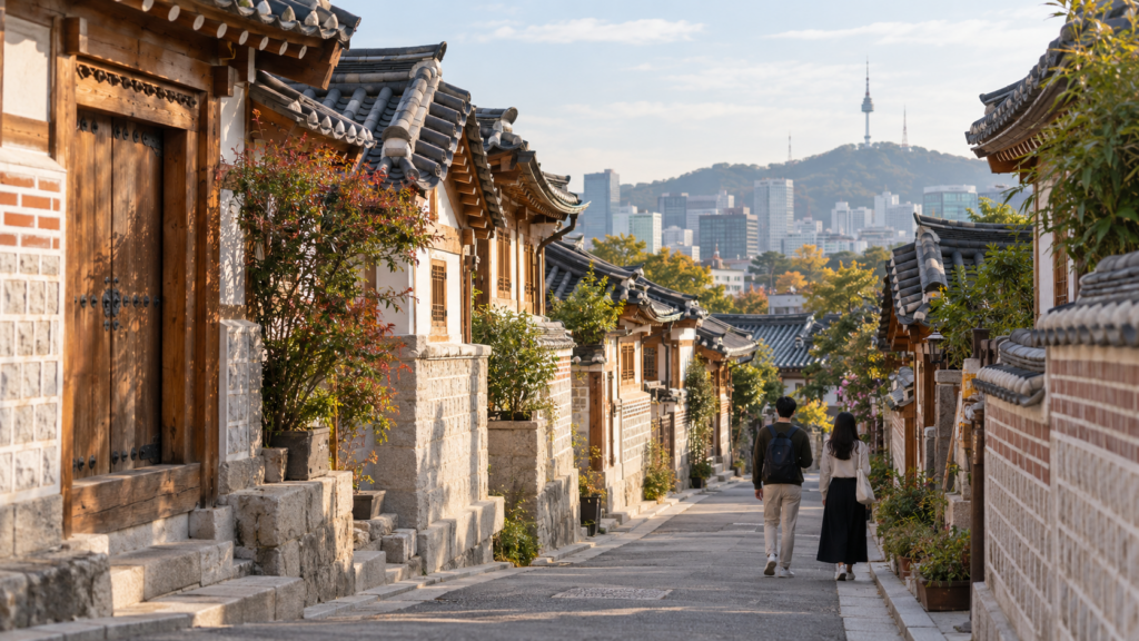 Visitors walking through Bukchon Hanok Village in Seoul