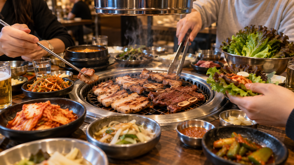 Korean barbecue with grilled meat, lettuce and side dishes in Seoul
