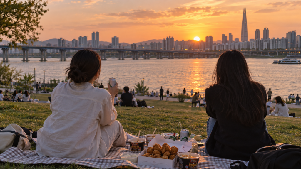 Friends enjoying a sunset picnic by the Han River in Seoul