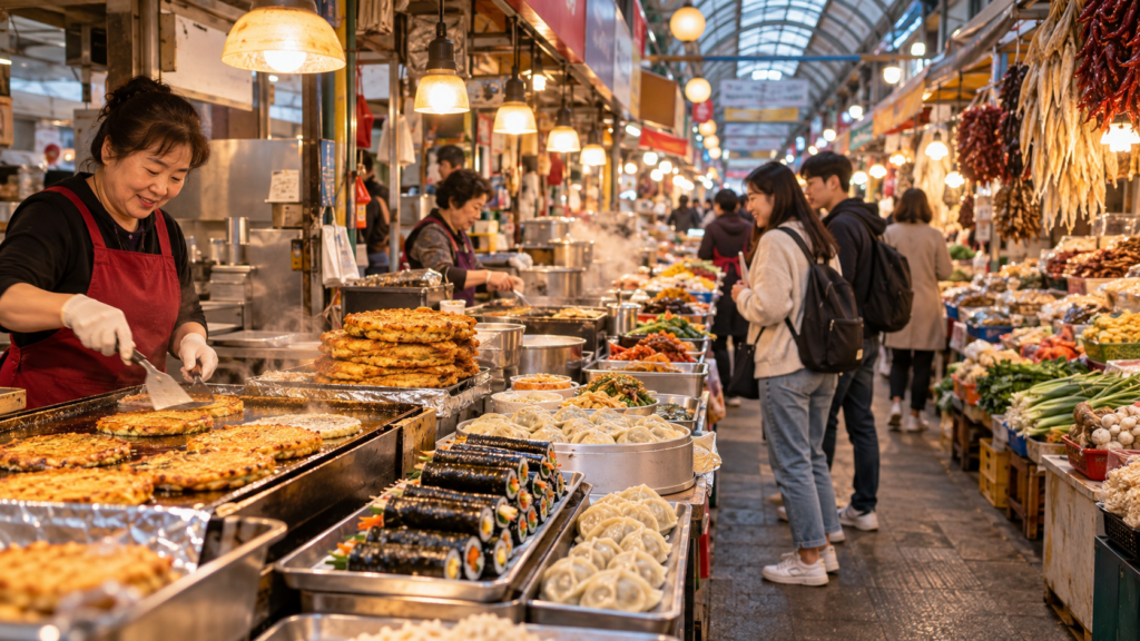Traditional Korean market with street food stalls in Seoul