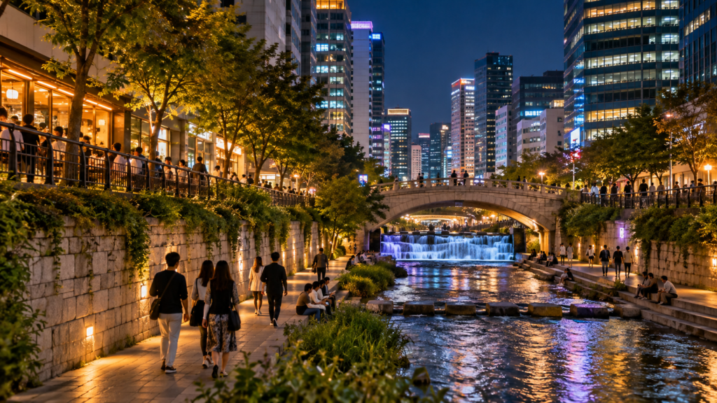 People walking along Cheonggyecheon Stream at night in Seoul