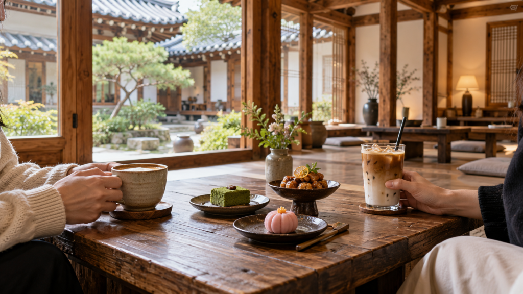 Coffee and Korean desserts inside a traditional hanok café in Seoul