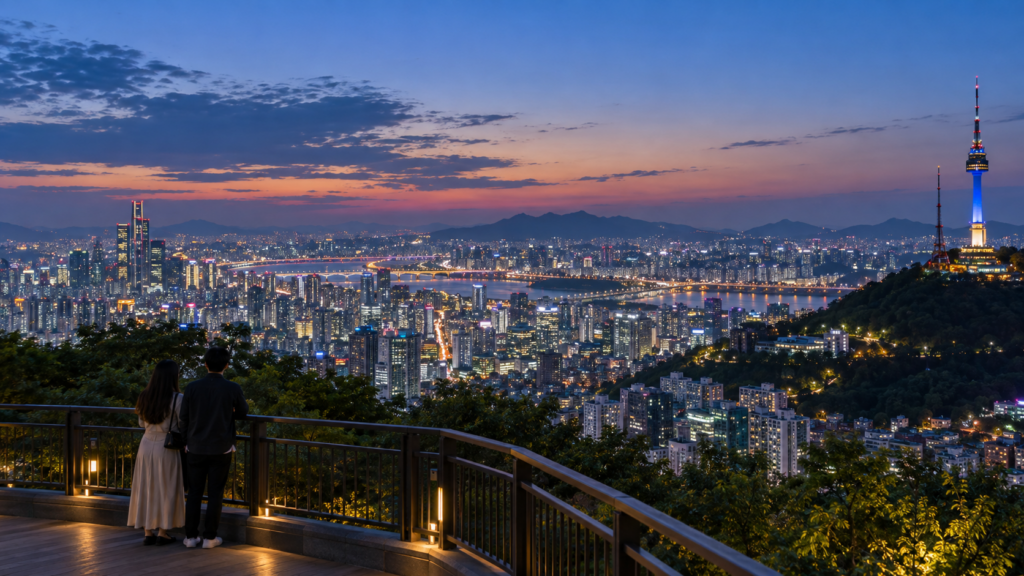 Panoramic evening view of the Seoul skyline from Namsan