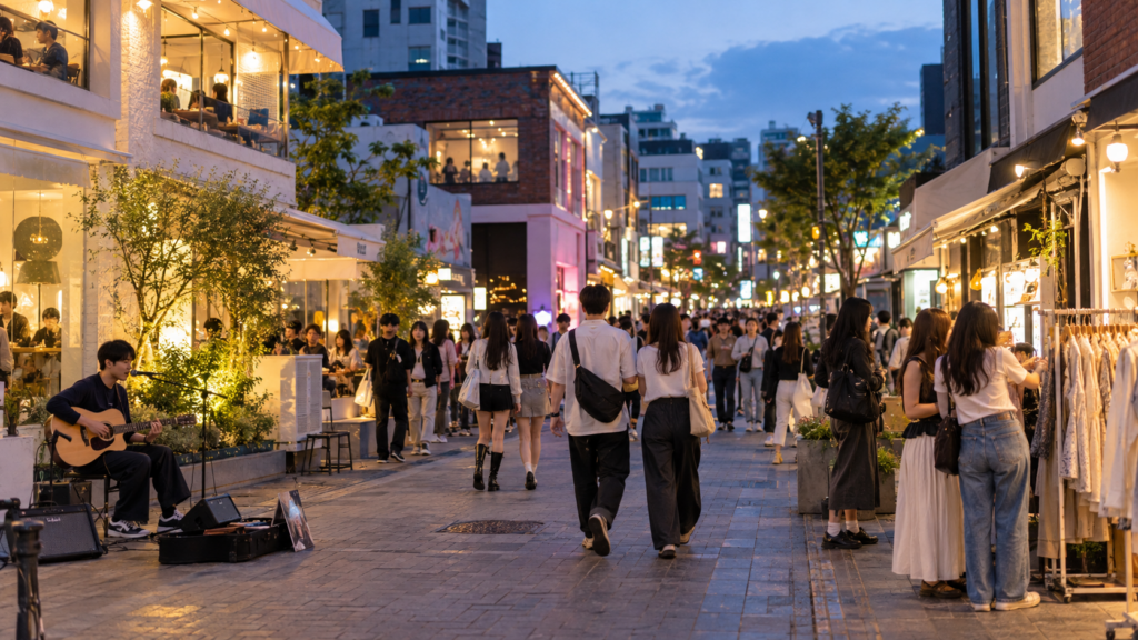 Young visitors exploring shops and street performances in Hongdae, Seoul