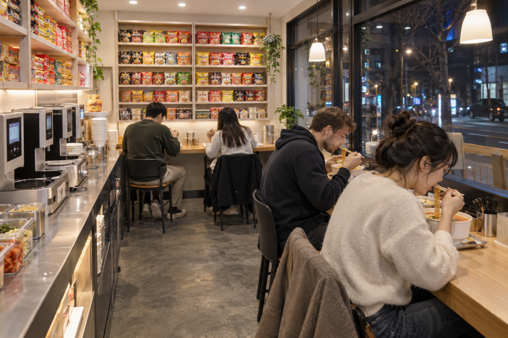 People eating ramyun at an unmanned ramen shop in Korea at night