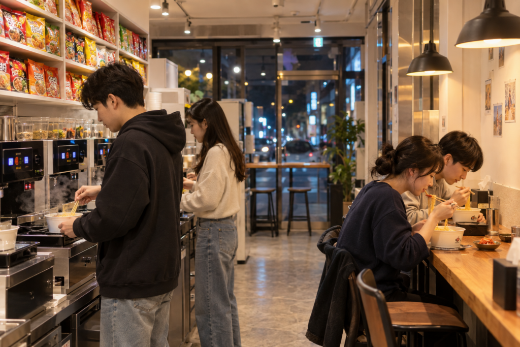 Customers preparing and eating ramyun at a self-service ramyun shop in Korea