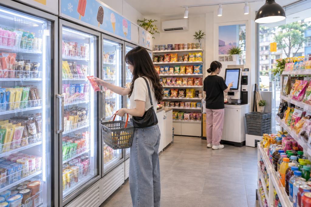 Customers shopping at a self-service ice cream and snack store in Korea