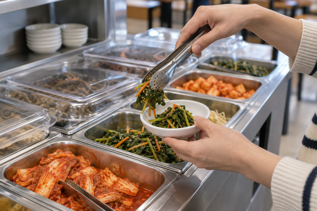 Customer taking a small refill at a Korean banchan self-service station