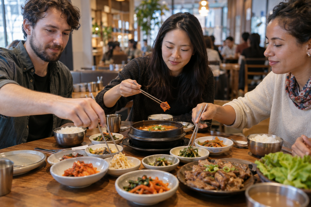 Friends sharing banchan during a meal at a Korean restaurant