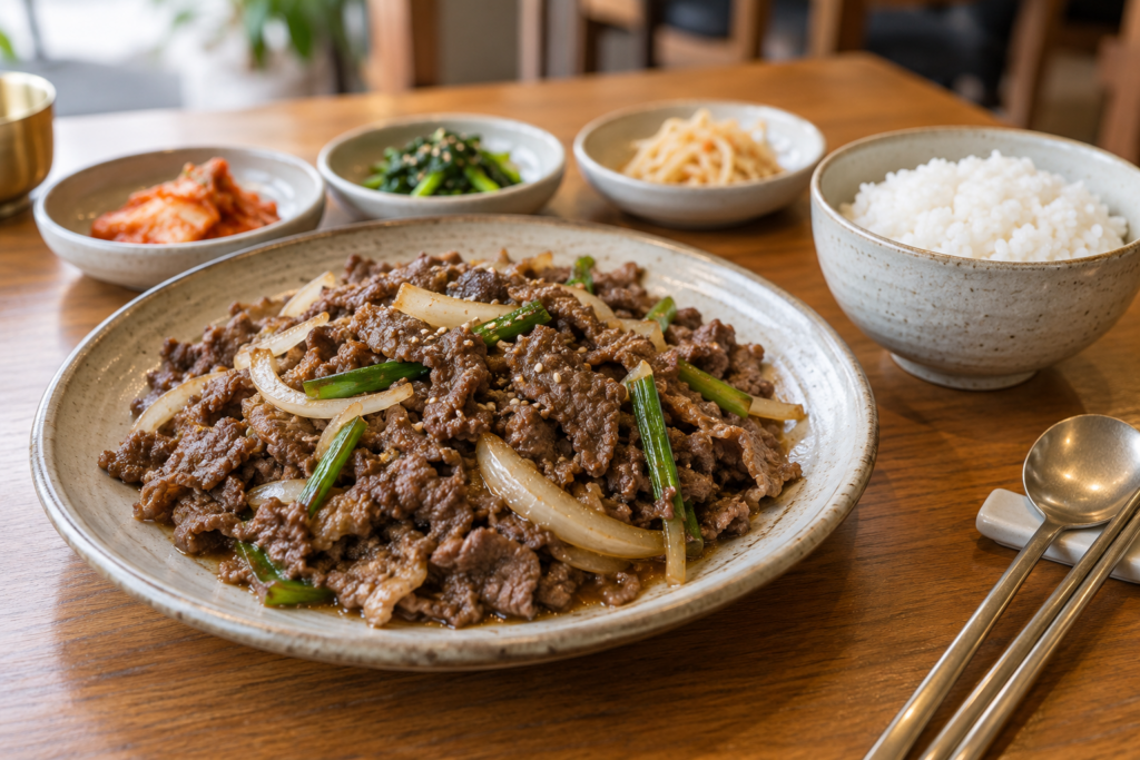 Korean bulgogi with rice at a restaurant