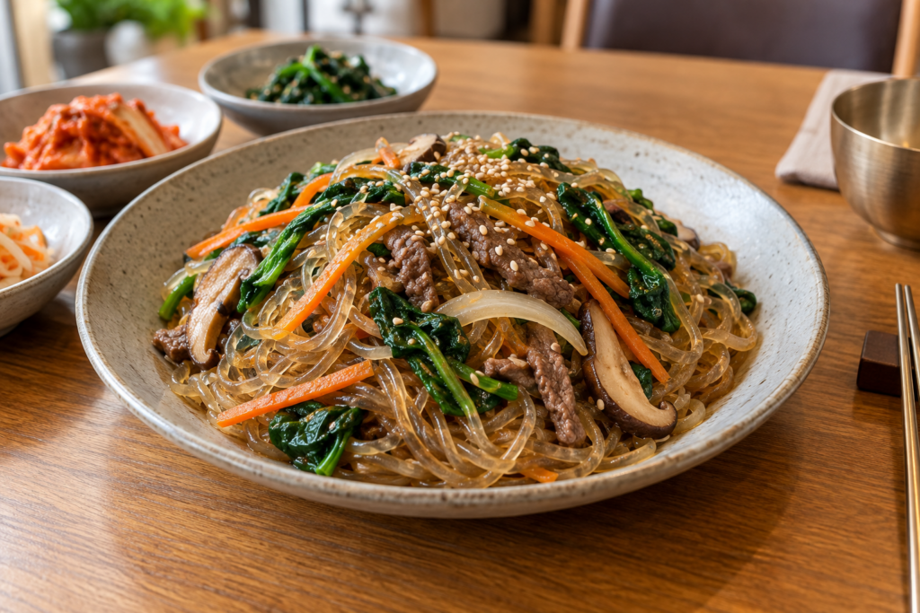 Korean japchae with glass noodles, vegetables, and beef