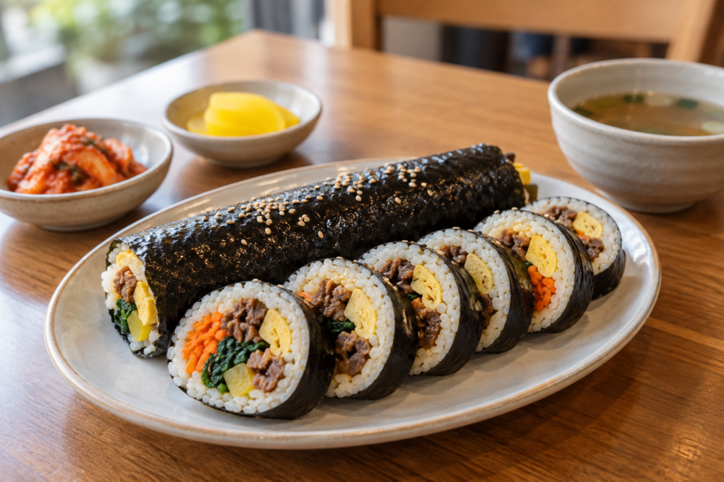 Korean gimbap filled with egg, vegetables, and beef