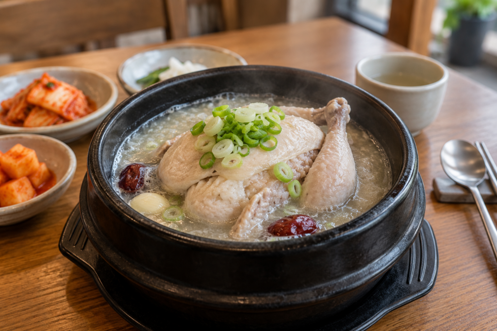 Korean samgyetang chicken soup with rice and ginseng