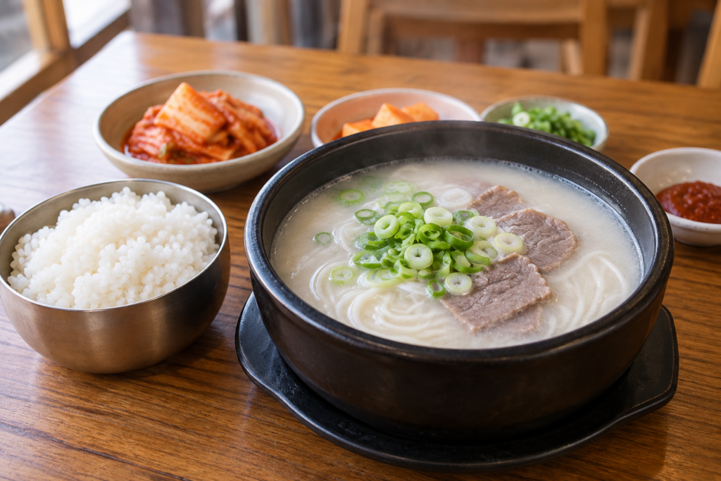 Korean seolleongtang with milky beef broth and rice