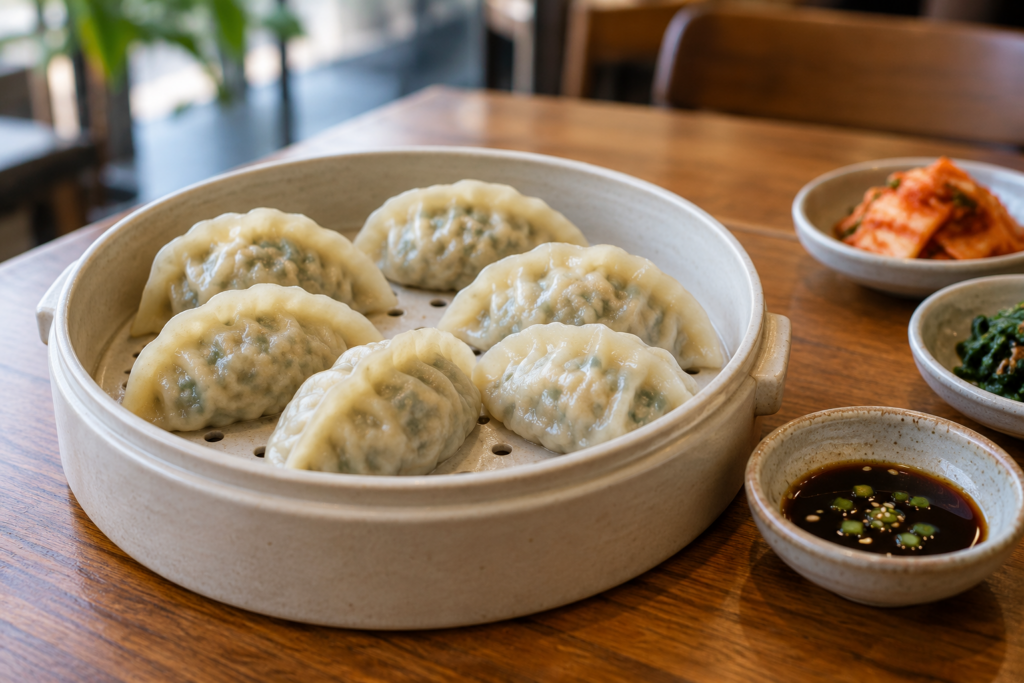 Steamed Korean mandu served with soy dipping sauce