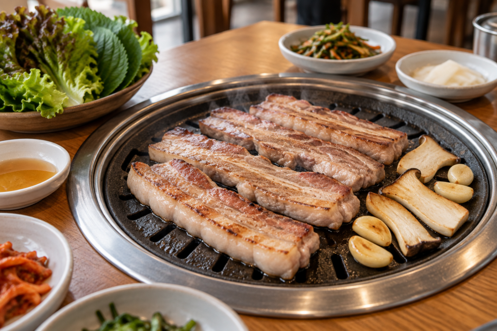Unseasoned samgyeopsal cooking on a Korean barbecue grill