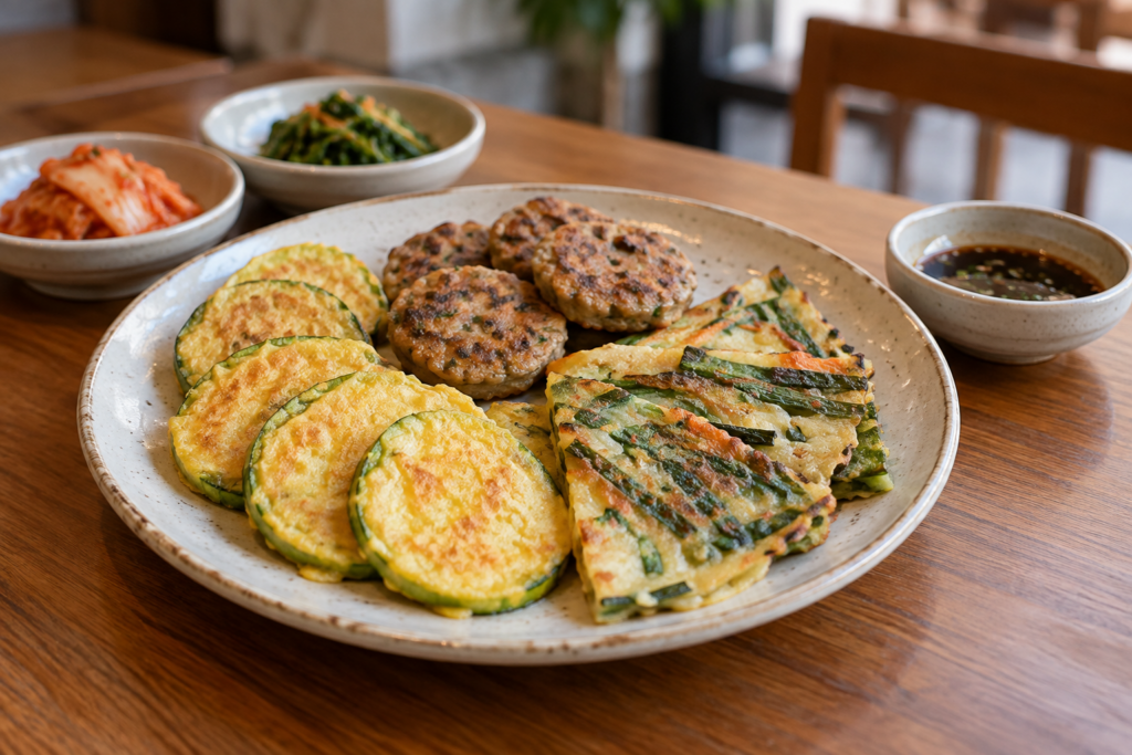 Assorted Korean jeon with zucchini and green onion pancakes