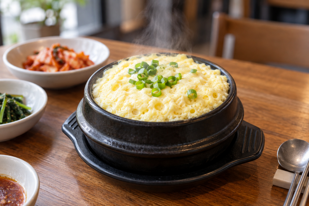Korean steamed egg served in a hot earthenware pot