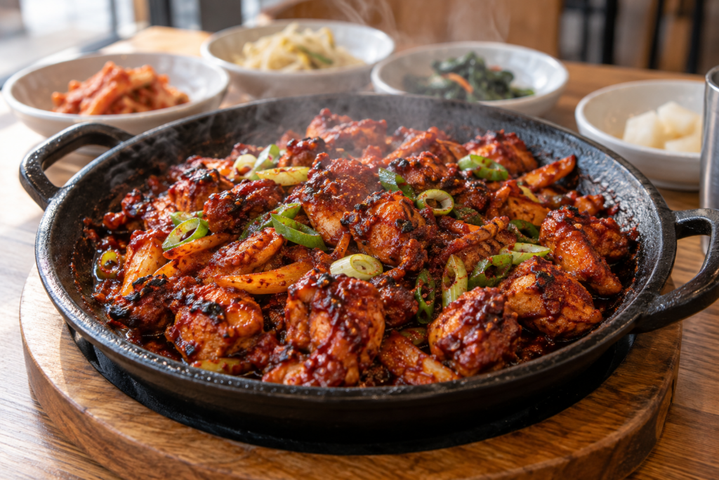 Korean buldak chicken coated in a spicy red sauce