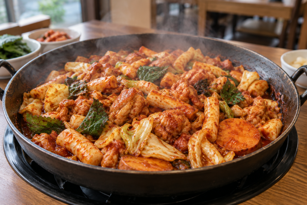 Korean dakgalbi with spicy chicken, cabbage, rice cakes, and sweet potatoes