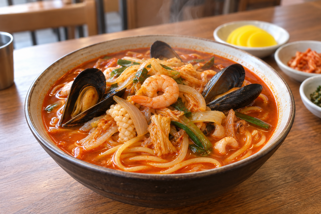 Korean jjamppong noodle soup with seafood and spicy red broth