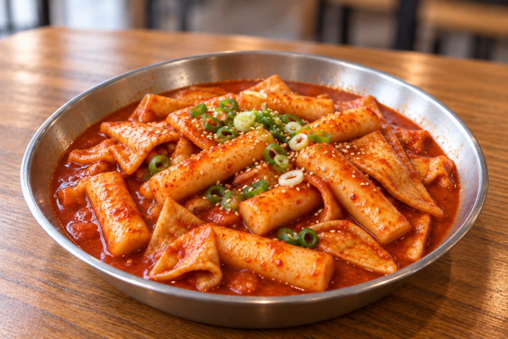 Korean tteokbokki with rice cakes and fish cakes in a spicy sauce