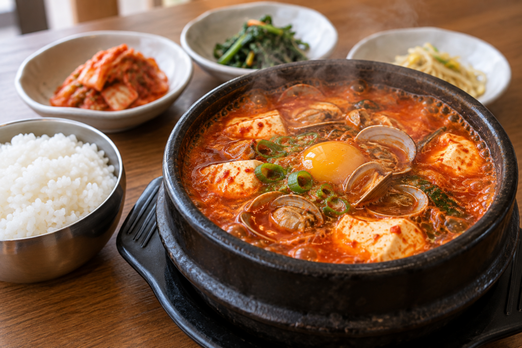 Korean sundubu-jjigae with soft tofu, clams, and egg in a spicy broth