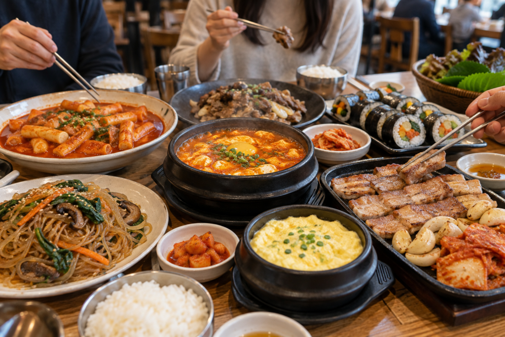 Diners sharing a table filled with spicy and mild Korean dishes