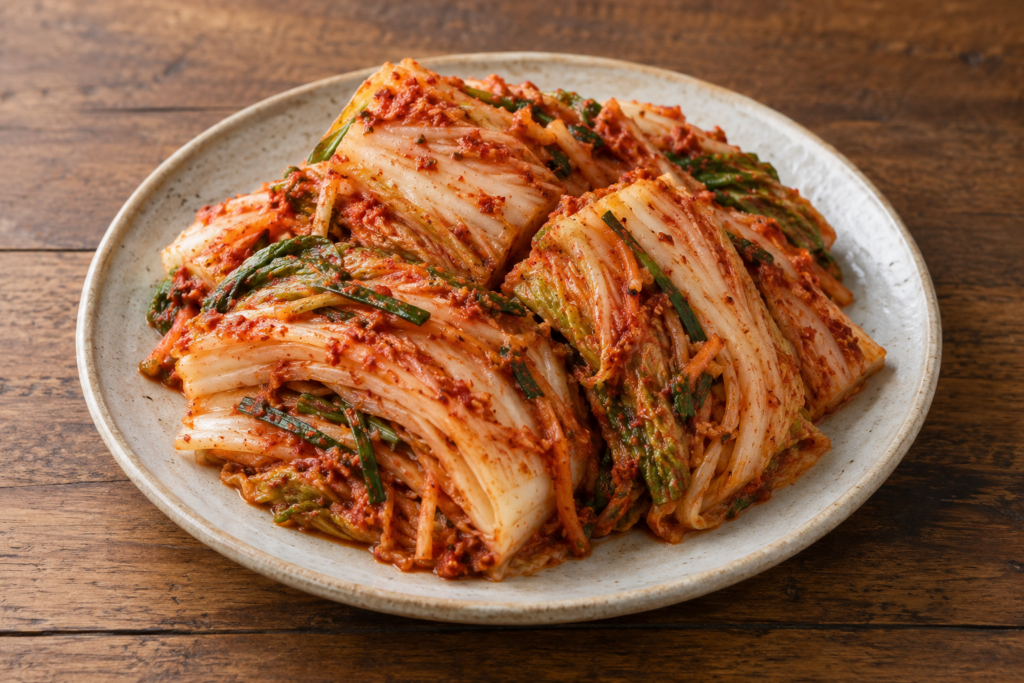 Traditional Korean baechu kimchi made with napa cabbage