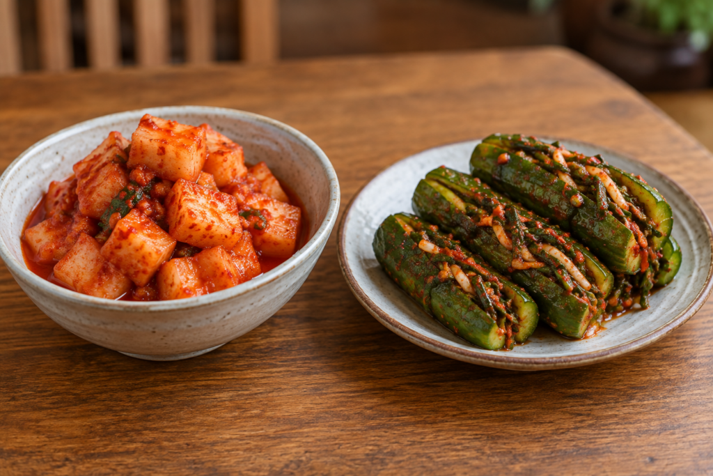 Korean cubed radish kimchi and stuffed cucumber kimchi
