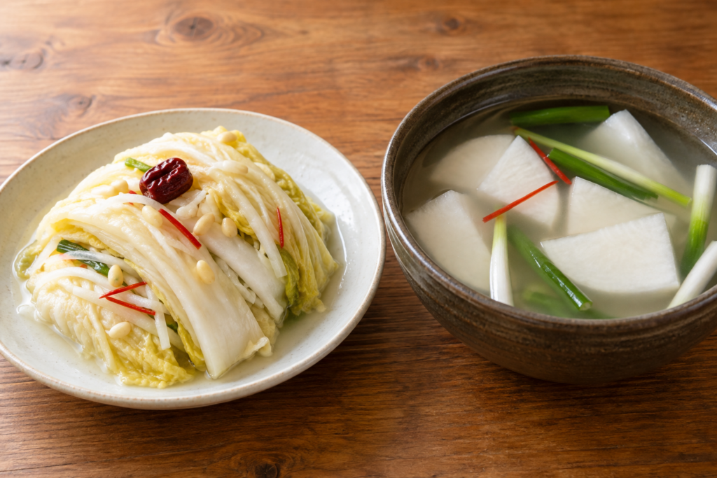 Mild Korean baek kimchi and clear radish dongchimi