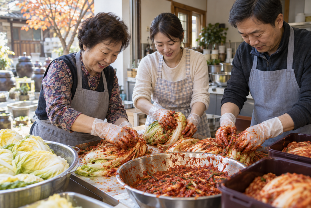 Korean family preparing napa cabbage kimchi together during kimjang