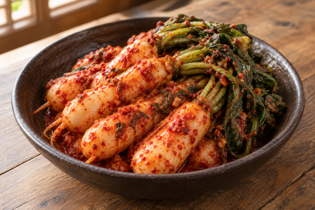 Korean chonggak kimchi made with small elongated radishes and leafy green tops