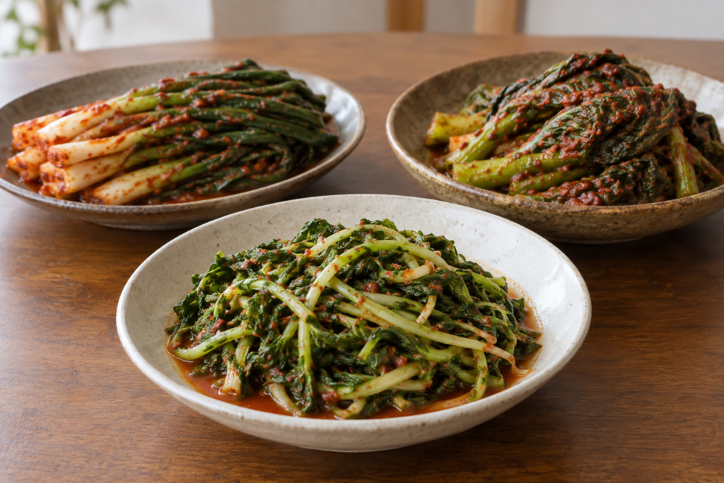 Korean young radish greens kimchi, green onion kimchi, and mustard leaf kimchi