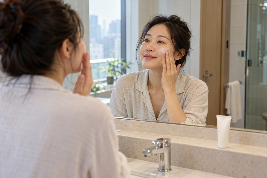 Woman applying sunscreen as part of a simple morning skincare routine