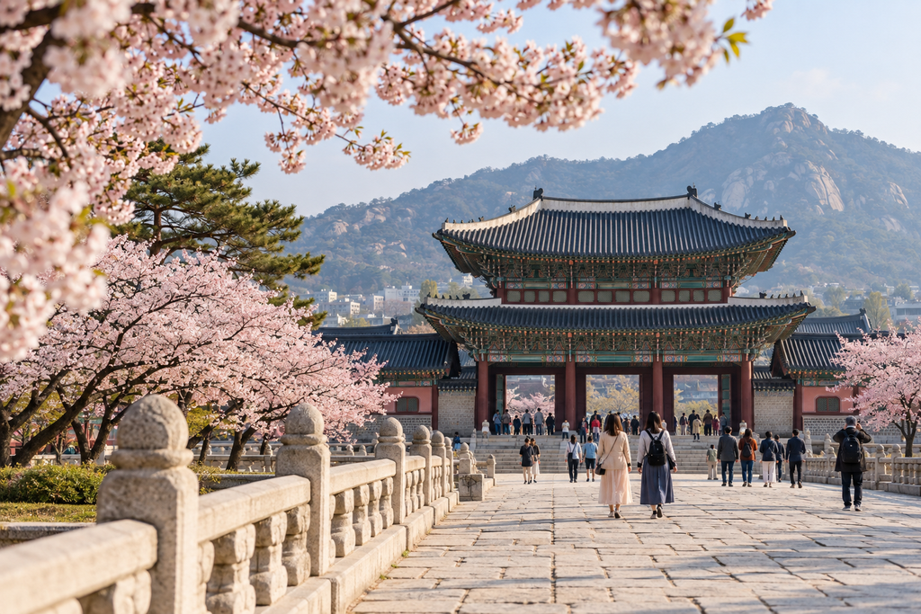 Cherry blossoms framing a palace walkway in Seoul during spring